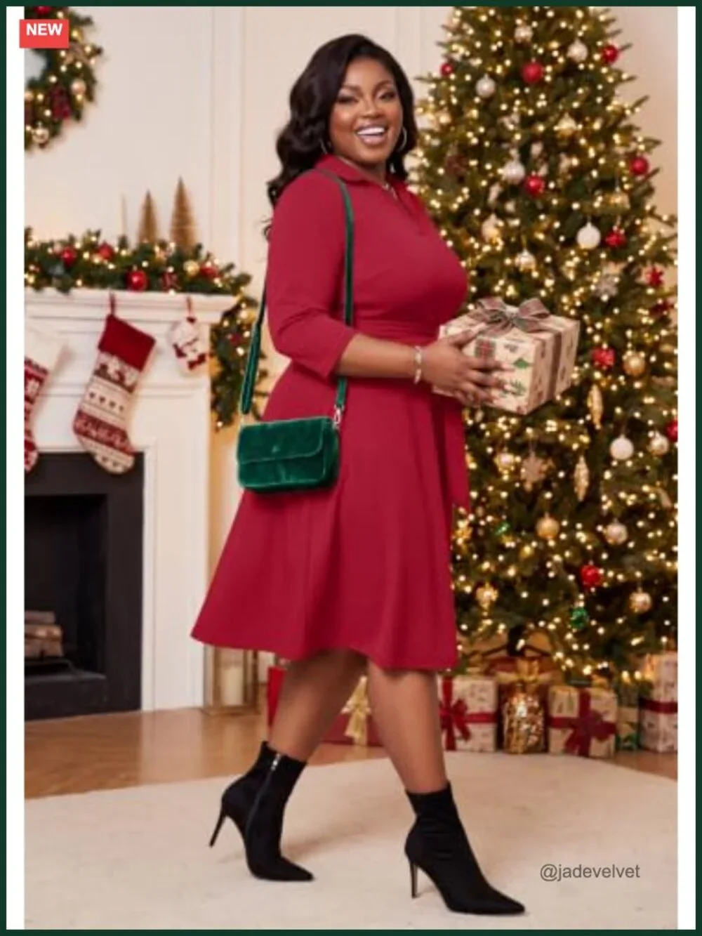 Plus Size A-Line Midi Dress with Pockets and Belt, 3/4 Flutter Sleeve